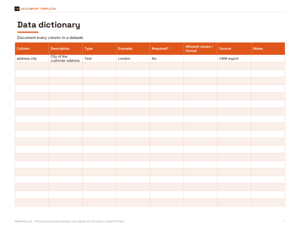 Preview of Printable Data Dictionary Template